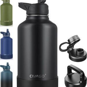 CIVAGO 64 oz Insulated Water Bottle With Straw, Half Gallon Stainless Steel Sports Water Flask Jug with 3 Lids (Straw, Spout and Handle Lid), Large Metal Thermal Cup Mug, Midnight Black