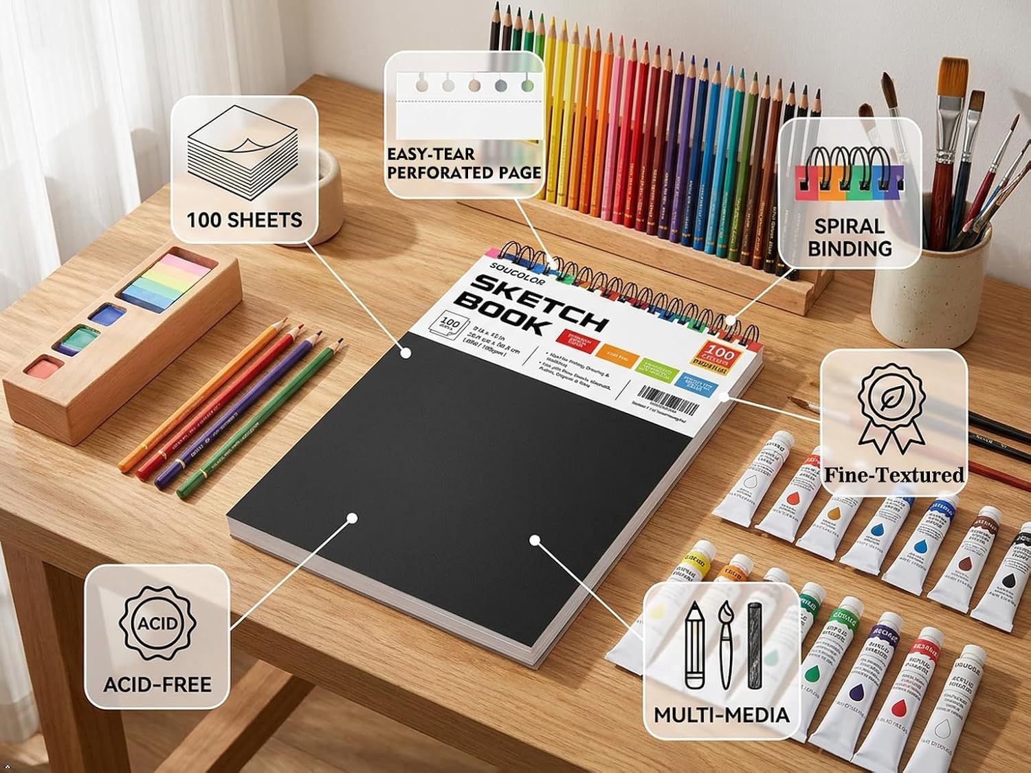 Soucolor 9" x 12" Sketch Book, 100 Sheets Top Spiral Bound Sketchbook with Acid-Free 68lb/100gsm Thick Drawing Paper, Art Sketch Pad for Kids, Adults & Artist, Professional Art Supplies for Beginners - Image 2