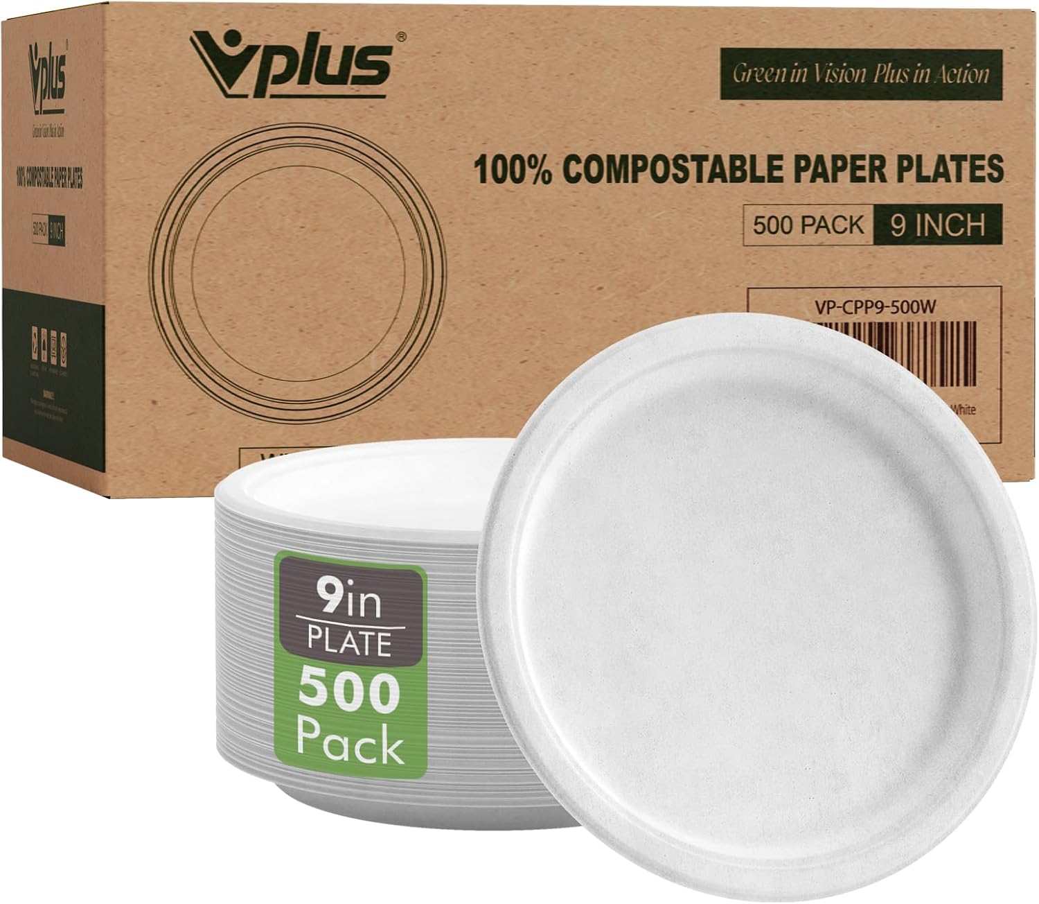 Vplus 500 Pack Paper Plates 9 inch 100% Compostable, Heavy-Duty Disposable Paper Plates Bagasse Natural Biodegradable Eco-Friendly Sugarcane(White) - Image 2