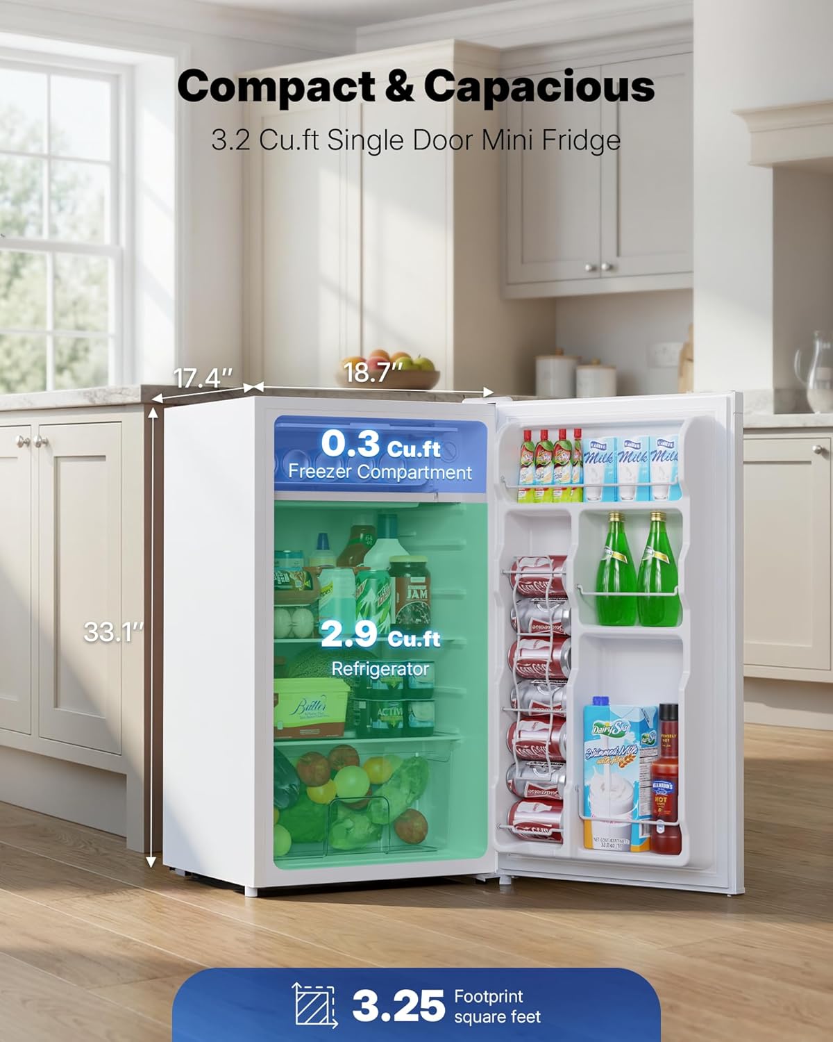 Upstreman 3.2 Cu.Ft Mini Fridge with Freezer, Single Door Mini Fridge, Dorm Fridge, Adjustable Thermostat, Mini Refrigerator for Dorm, Office, Bedroom, White-BR321 - Image 2
