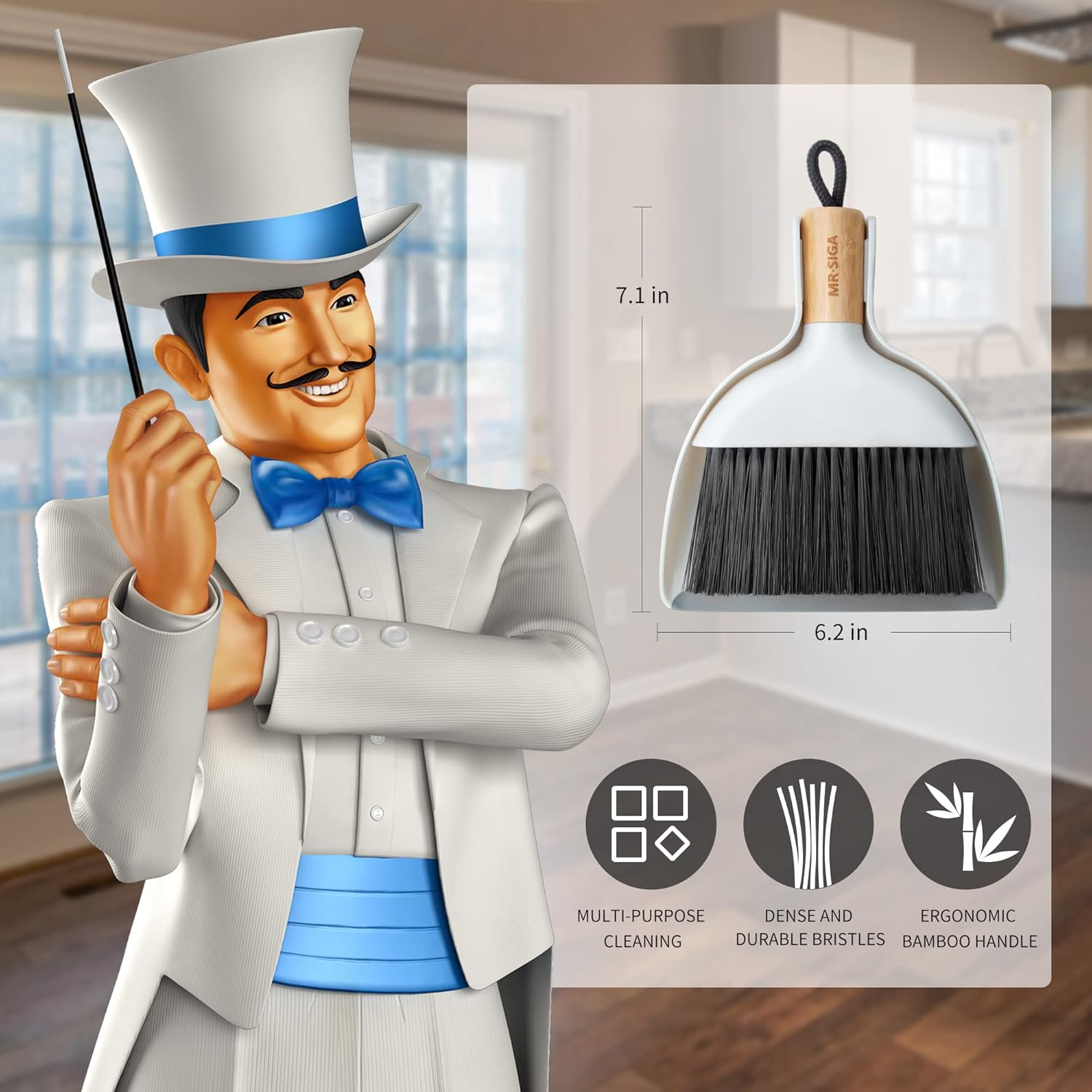 MR.SIGA Mini Dustpan and Brush Set, Portable Cleaning Brush and Dustpan Combo with Bamboo Handle, 1 Set - Image 3