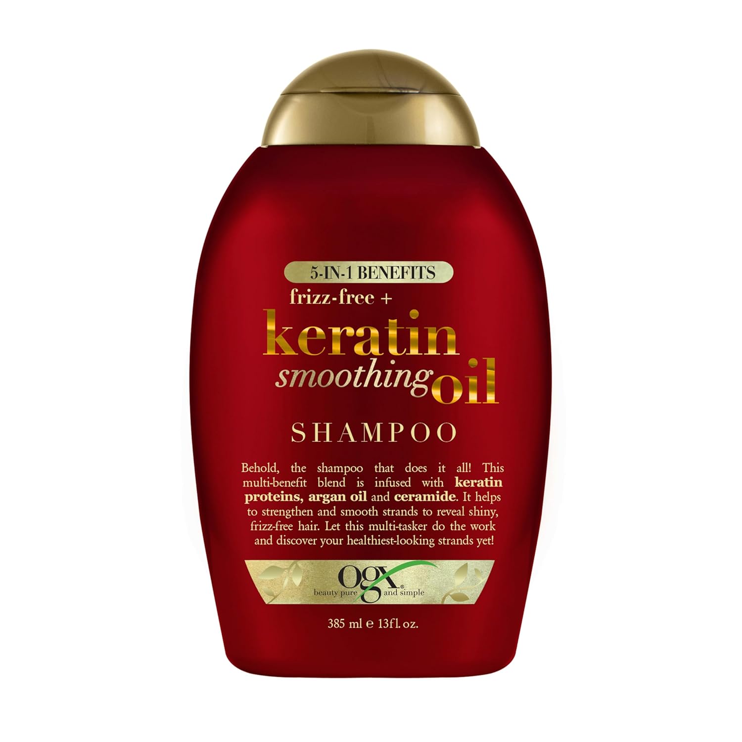 OGX Frizz-Free + Keratin Smoothing Oil Shampoo, 5 in 1, for Frizzy Hair, Shiny Hair, 13 Fl Oz - Image 2
