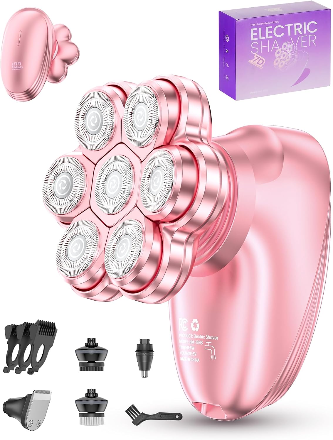 5-in-1 Electric Razors for Women, 7D Magnetic Heads Full Body Shaver, Waterproof Wet Dry Hair Remover with LED Display, Rechargeable Bikini Trimmer for Underarms, Face, Legs, Lips, Arms (Pink) - Image 10
