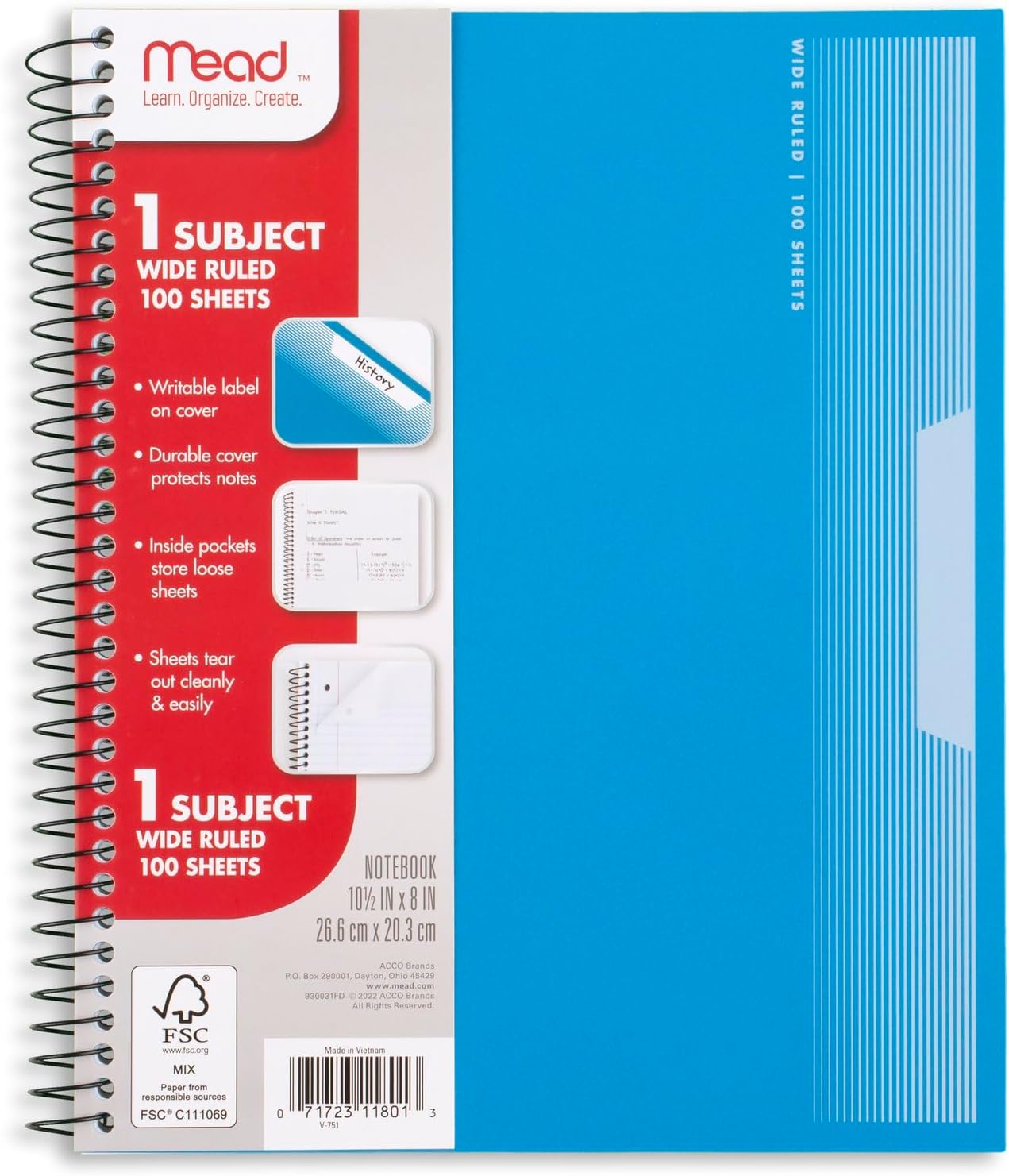 Mead Spiral Notebooks, 1 Subject, Wide Ruled Paper, 8" x 10-1/2", 100 Sheets, Assorted Colors, 5 Pack (930093) - Image 7
