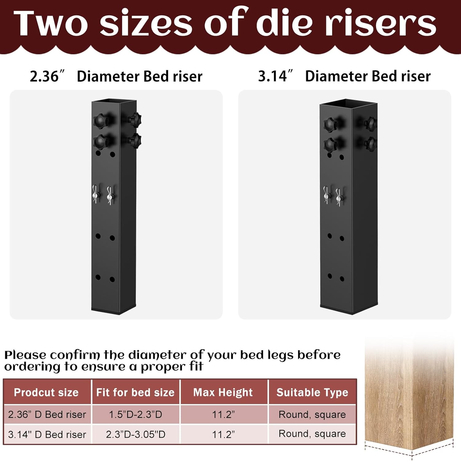 4 Pack Carbon Steel Dorm Bed Riser 3.15" Diameter Metal Bed Riser for Square Wooden Bed Frame, College Bed Riser Adjust to 3.2", 5.1", 8.1" or 11.2" Height (for Bed Leg 2.3-3.1") - Image 5