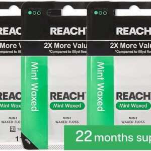 REACH Waxed Dental Floss, 2X More Value, Plaque Remover for Teeth, Shred Resistant, Floss Slides Smoothly, Easy to Use, Waxed, for Adults & Kids, Oral Care, PFAS Free, 3 Pack, 115 yd, Mint