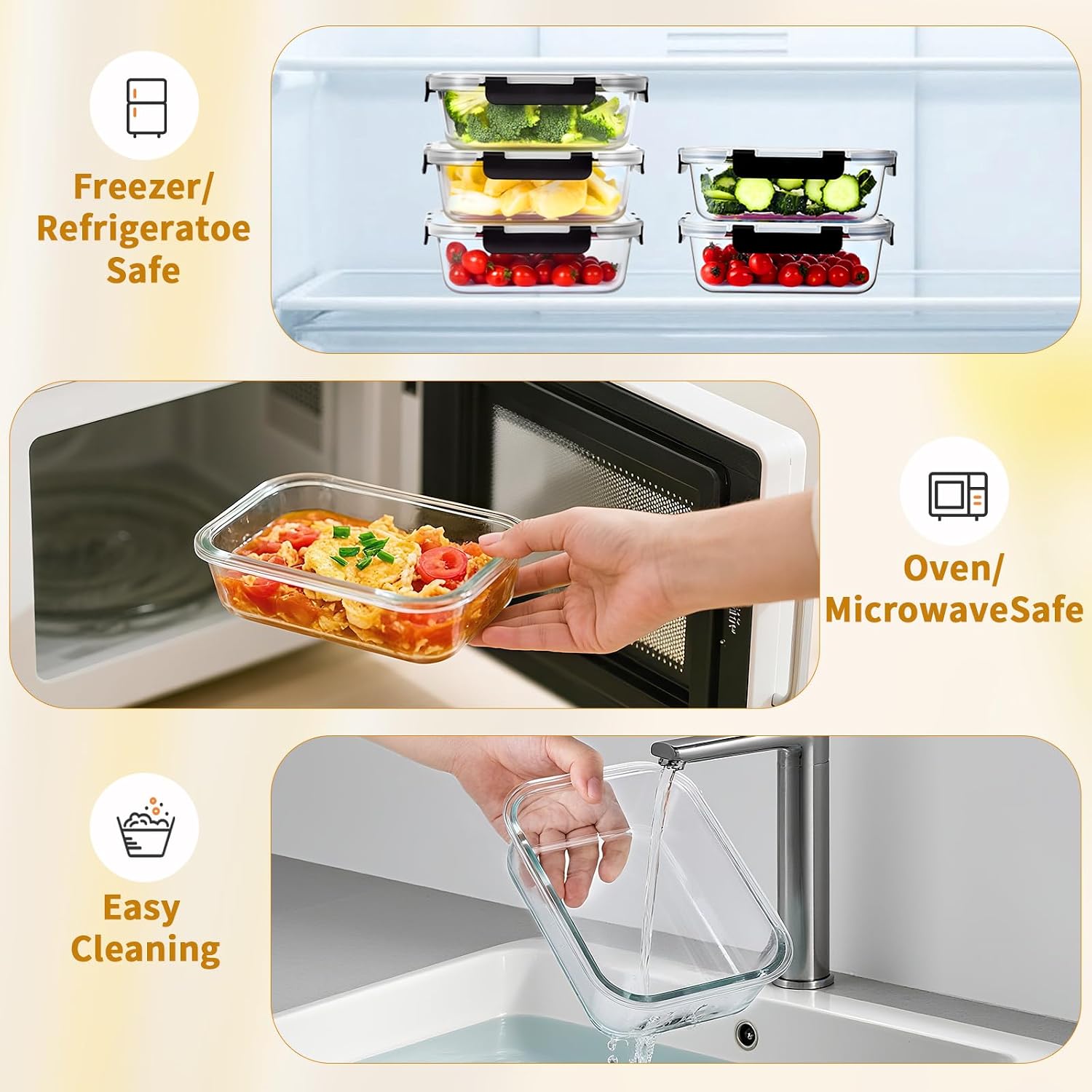 6 Pack Glass Food Storage Containers with Lids, 36 OZ Meal Prep Containers for Lunch, 4.5 Cup Airtight Glass Lunch Containers Set, Microwave, Oven, Freezer & Dishwasher Safe, BPA-Free - Image 4