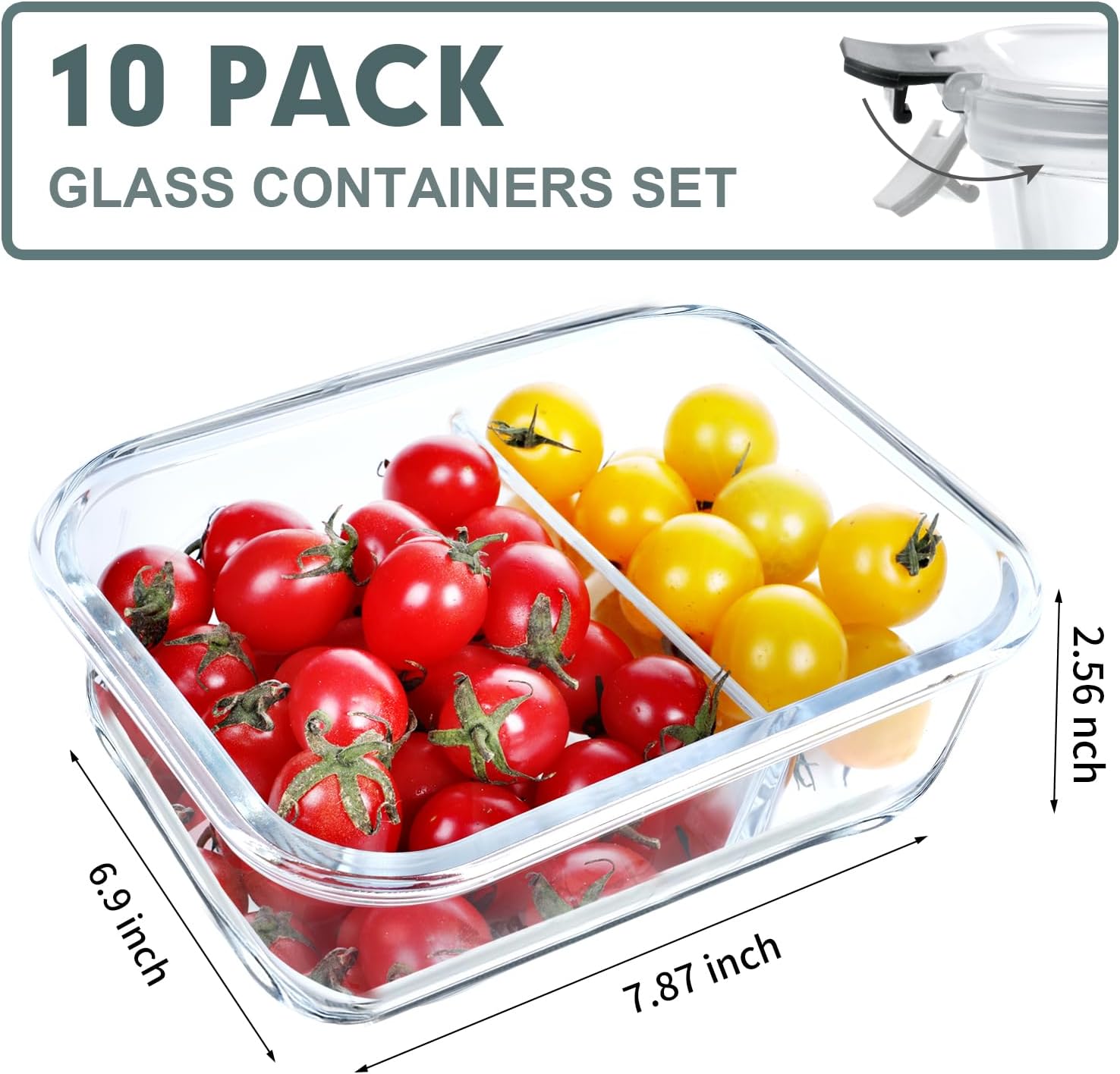 VERONES 10 Pack Glass Meal Prep Containers 2 Compartment Set, 30 OZ Airtight Glass Lunch Containers, Glass Food Storage Containers with Lids, for Microwave, Oven, Freezer & Dishwasher Friendly,Grey - Image 3