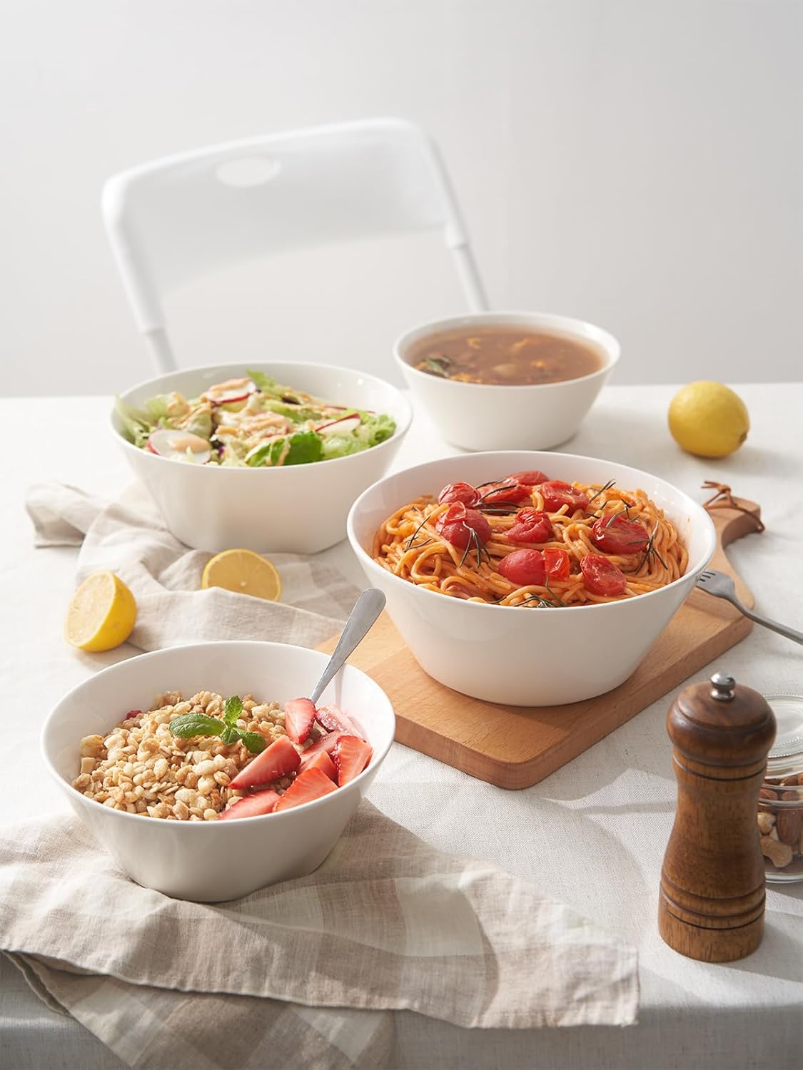 DOWAN 32 OZ Large Soup Bowls Set of 4 - White Ceramic Bowls for Kitchen, Deep Bowls for Cereal, Salad, Pasta, Fruits, Ramen, Dishwasher & Microwave Safe - Image 4