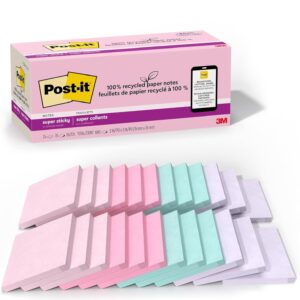 Post-it 100% Recycled Paper Super Sticky Notes, 3 in. x 3 in., 24 Pads, 70 Sheets per Pad, Wanderlust Pastels, School Supplies and Office Products