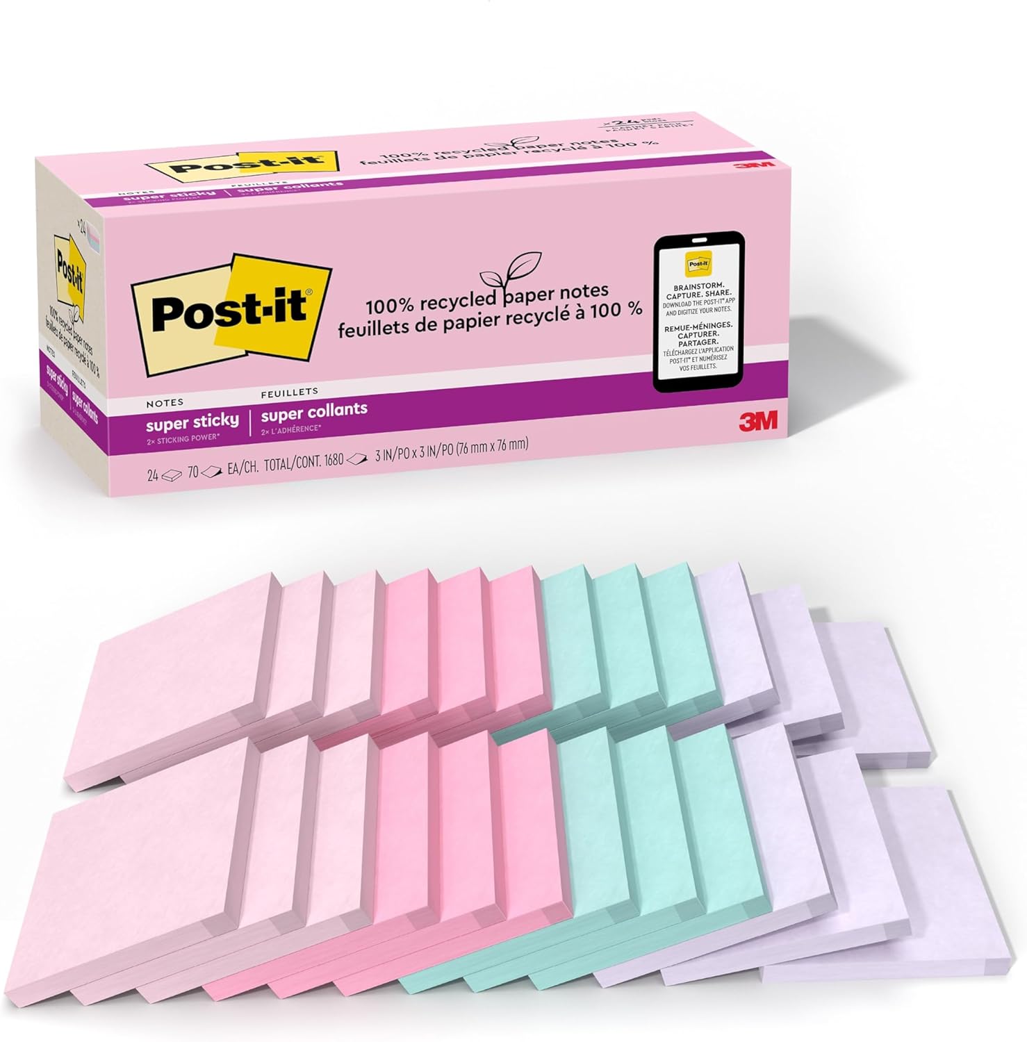 Post-it 100% Recycled Paper Super Sticky Notes, 3 in. x 3 in., 24 Pads, 70 Sheets per Pad, Wanderlust Pastels, School Supplies and Office Products