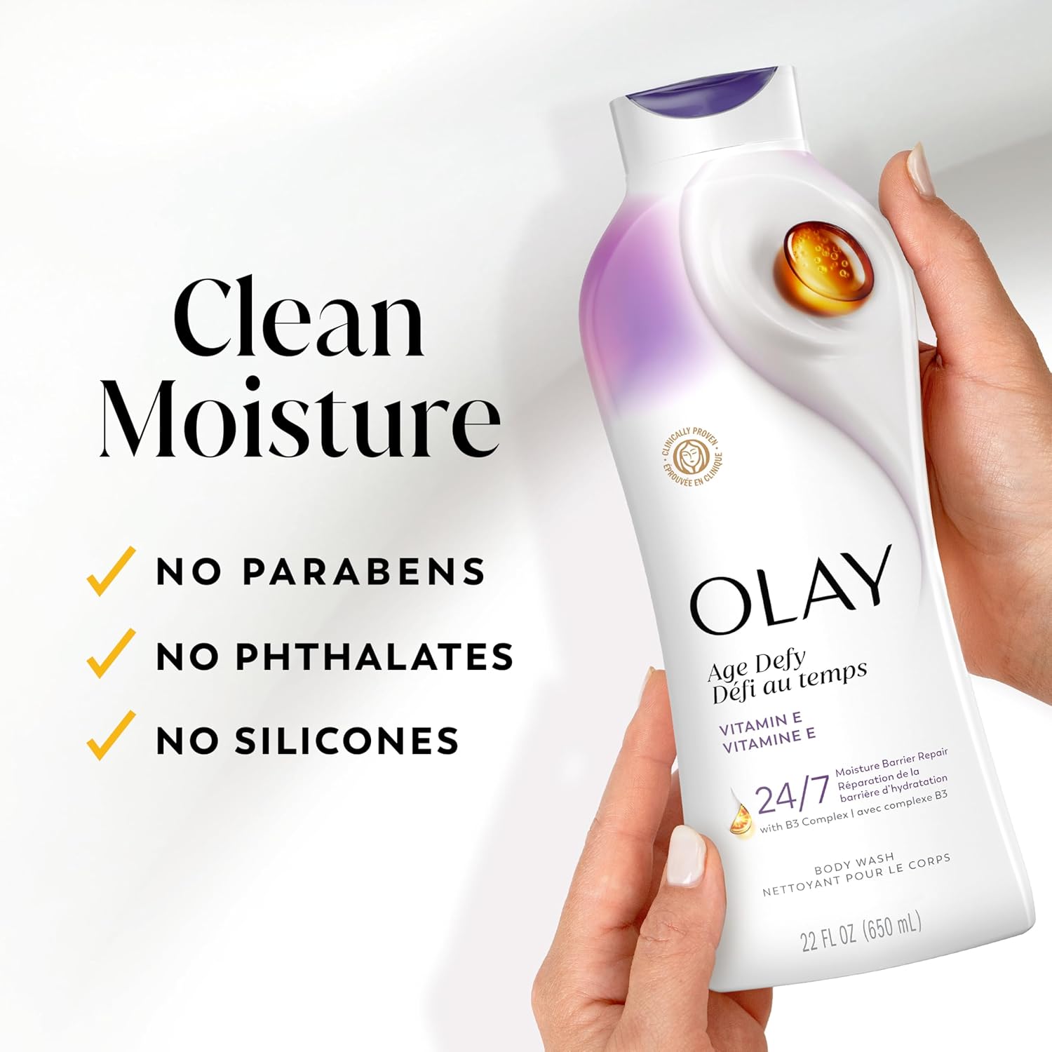 Olay Body Wash for Women, Age Defying with Vitamin E, 24hr Moisturizing, Hydrating & Refreshing, B3 Vitamin Complex, Free of Parabens & Phthalates, for All Skin Types, Scented, 22 fl oz (Pack of 4) - Image 8