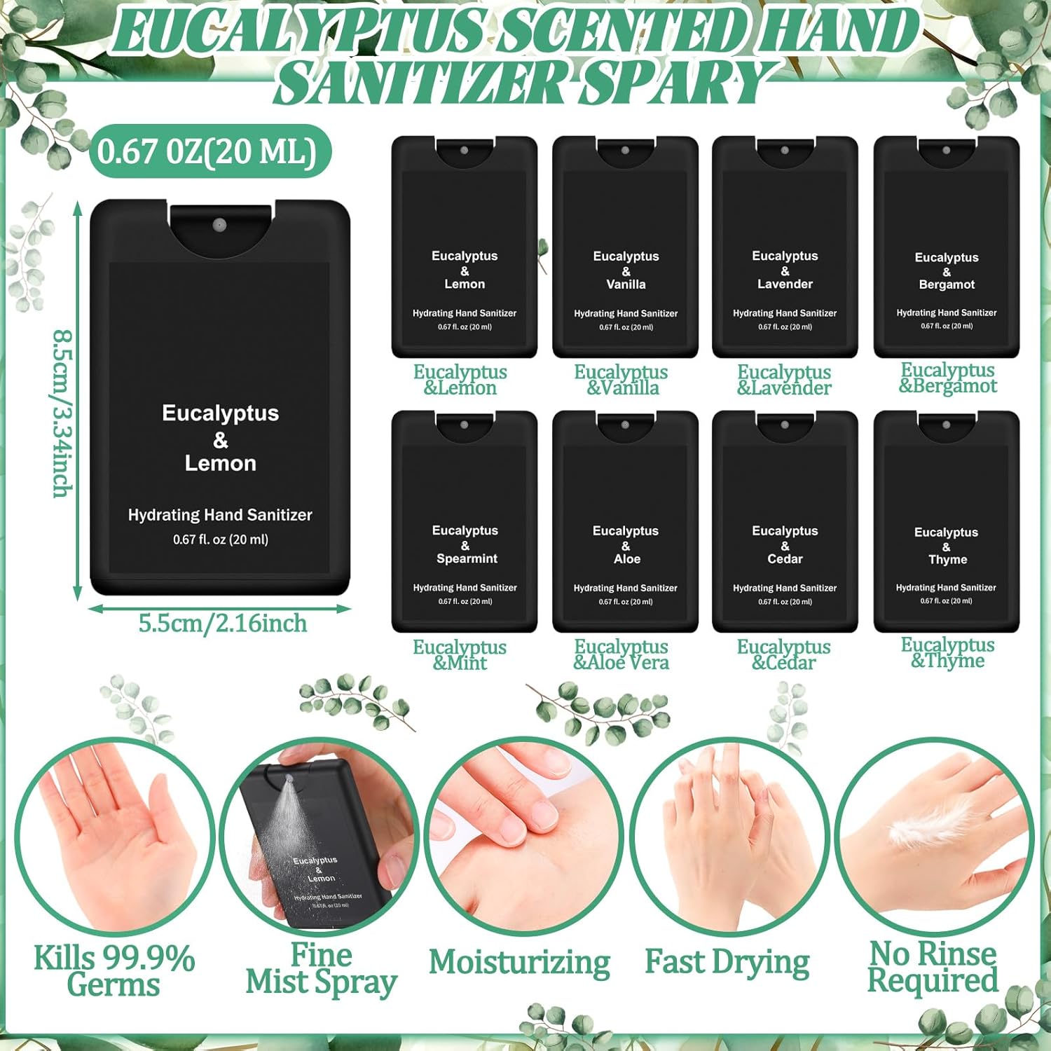 24 Pack Hand Sanitizer Spray Bulk Travel Size Hand Sanitizer Employee Coworker Team Teacher Appreciation Gift Mini Pocket Spray Gifts for Women Student School Outdoor(Black,Eucalyptus Style) - Image 3