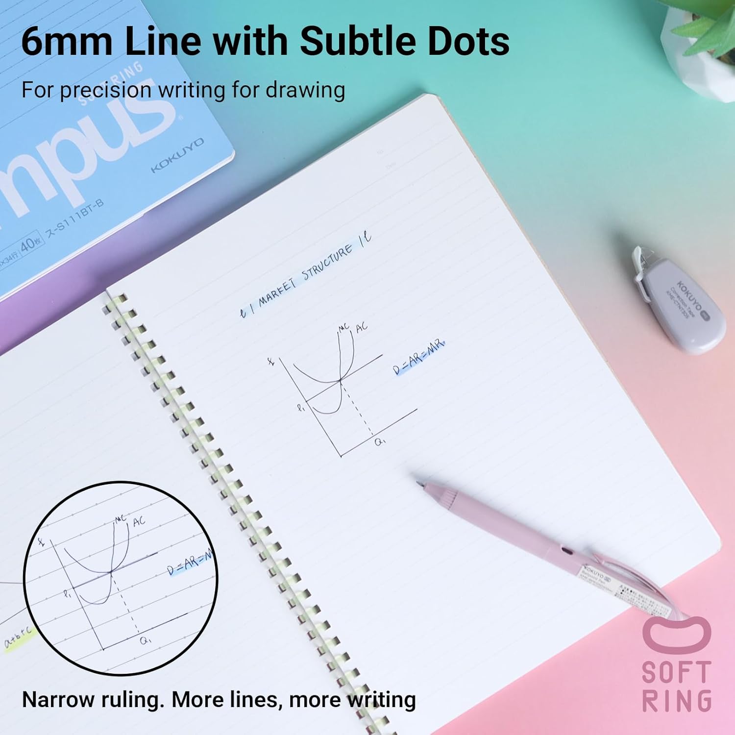 KOKUYO Spiral Lined Notebook, 5 Pack 10'' x 7'' Pastel Journal B5 Campus Soft Ring Notebooks with Dot 6 mm Ruled, 40 Sheets, 1 Subject Notebook, Note Taking for School (SU-S111BT) - Image 5