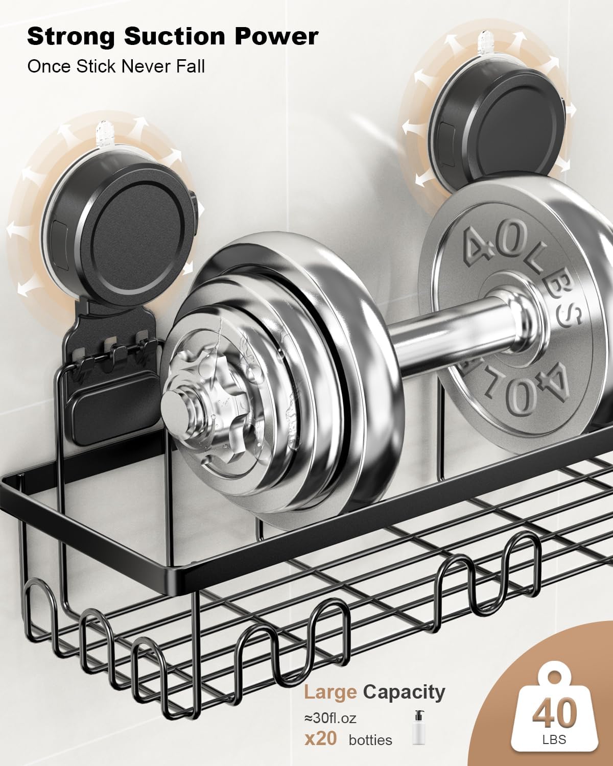 JOTPE Shower Caddy Suction Cup 5 Pack, No Drilling & Removable Suction Cup Shower Shelf for Bathroom with Large Capacity, Powerful Shower Organizer Max Hold 40 lbs, Waterproof Bathroom Shelf, Black - Image 4
