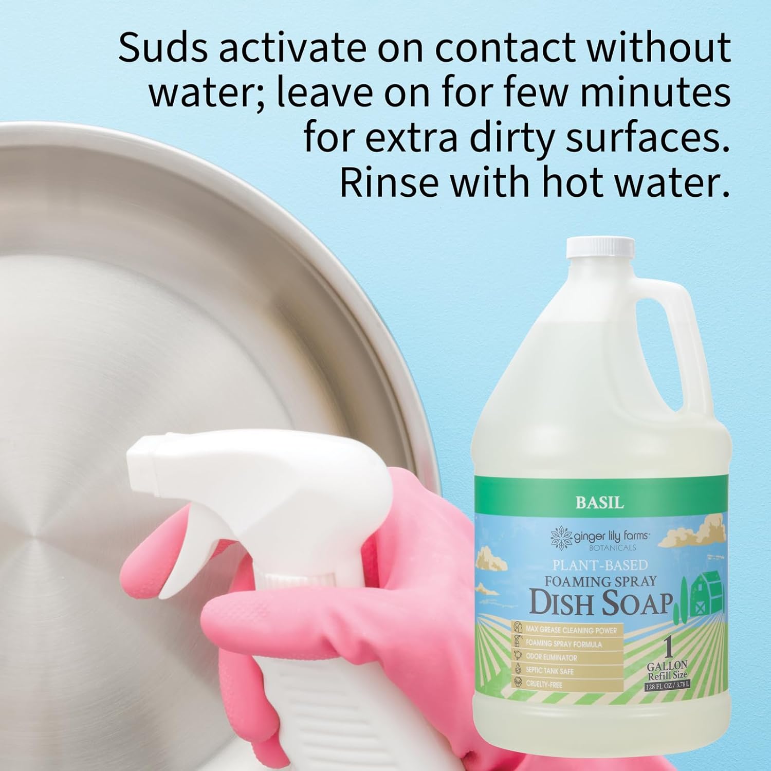 Ginger Lily Farms Botanicals Plant-Based Foaming Spray Dish Soap, Concentrated Formula with Max Grease Cleaning Power, Cruelty-Free, Basil Scent, 1 Gallon Refill (128 Fl Oz) - Image 5