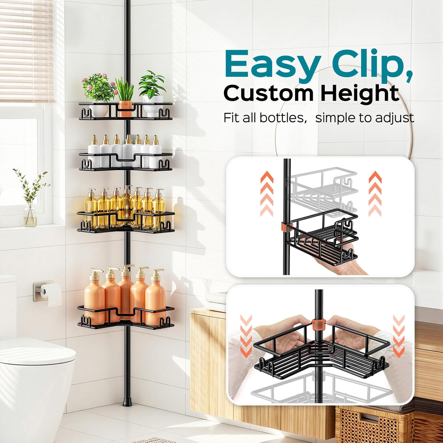 HAMITOR Shower Caddy Tension Pole: 4-Tier Adjustable Corner Bathroom Organizer - Heavy Duty Rustproof L-Shaped Shelves- No Drilling Space-Saving Storage Rack for Family & Renters- 47-123 inch Black - Image 7