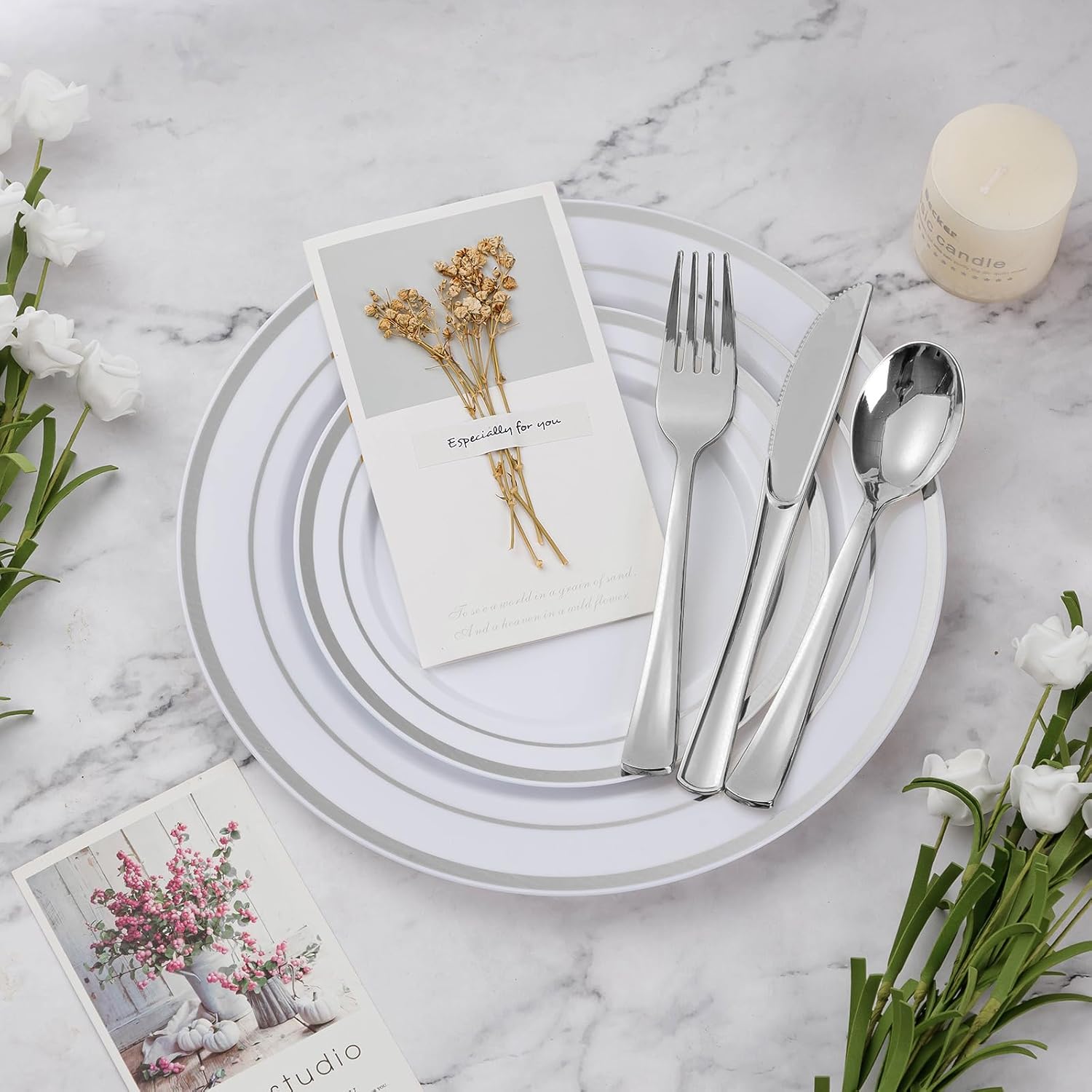 BESTVIP 600PCS Silver Dinnerware Set for 100 Guests, Plastic Plates for Party, 100 Silver Disposable Plates, 100 Dessert Plates, 100 Cups, 100 Spoons, 100 Forks and 100 Knives - Image 3