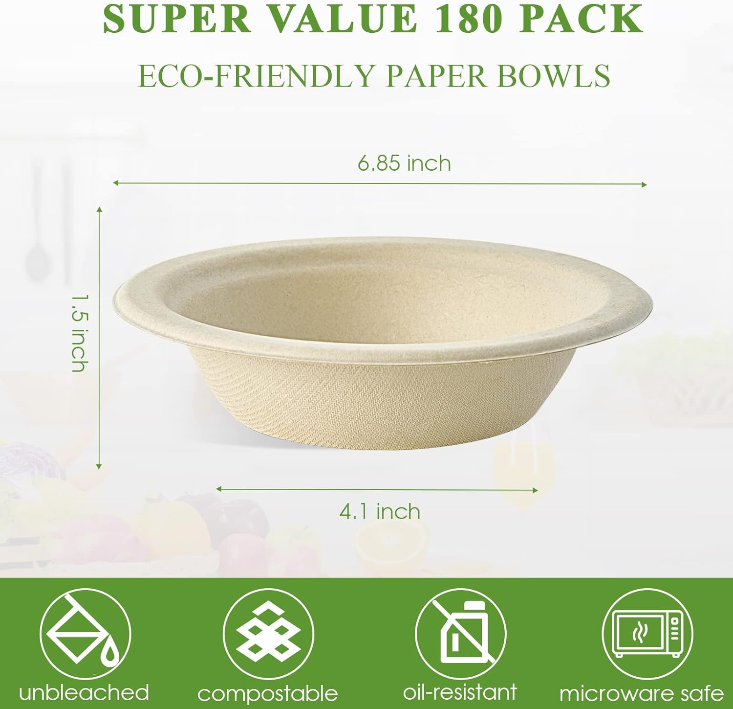 Vplus 180 Pack 16 OZ Paper Bowls, Disposable Compostable Bulk, Eco-friendly Bagasse, Heavy-duty Bowls Perfect for Milk Cereals, Snacks, Salads - Image 4