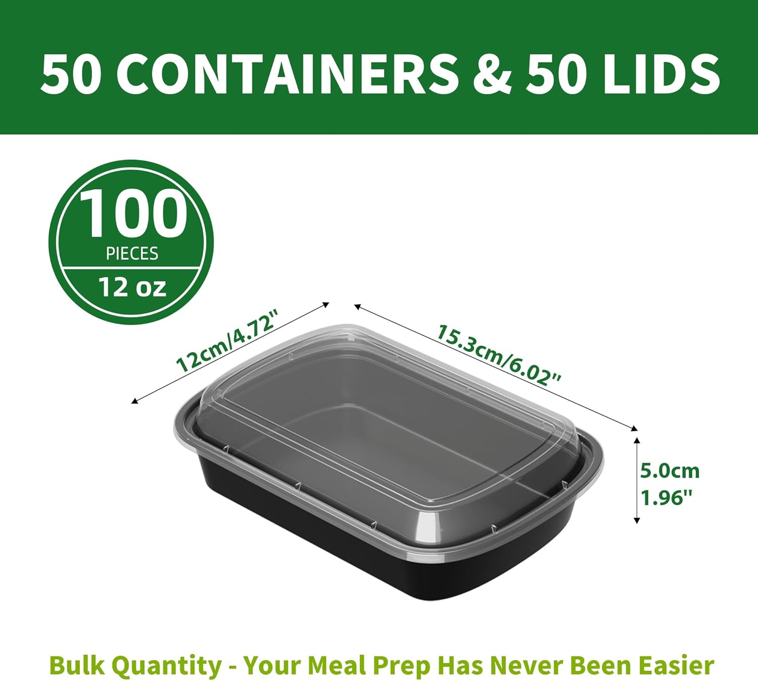 Meal Prep Containers, 50 Pack 12oz (100-Piece) Disposable Take Out Food Storage Containers with Leakproof Lids, Reusable Plastic To Go Lunch Boxes, BPA Free, Microwave/Dishwasher/Freezer Safe - Image 3