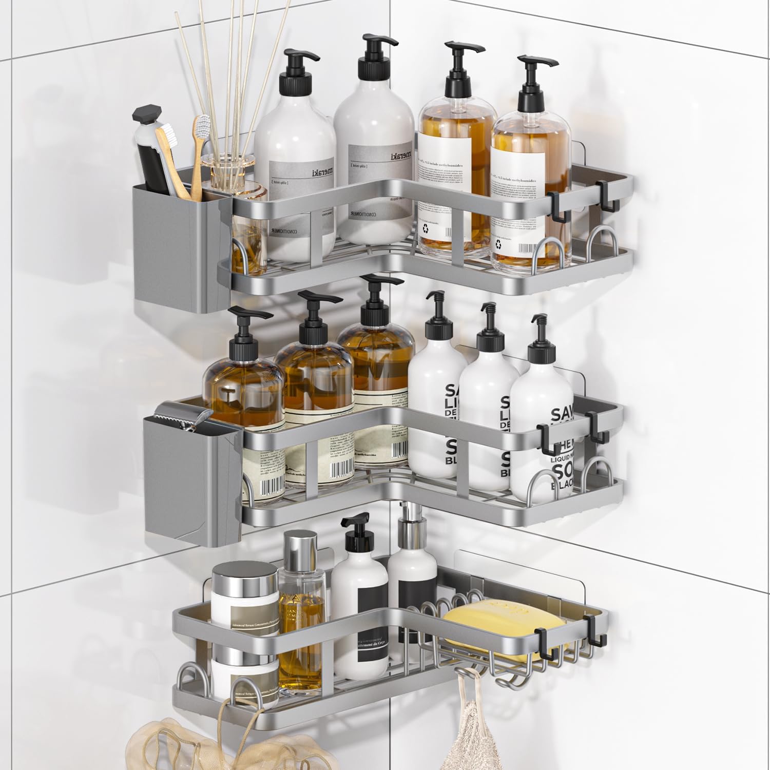 3 Pack Corner Shower Caddy Organizer, Rustproof Corner Shower Shelves, No Drilling Bathroom Corner Shelf with Hooks and Toothpaste Holder - Image 2