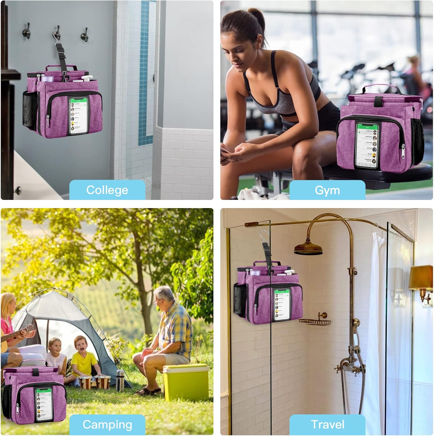 Bukere Portable Shower Caddy College Dorm Room Essential, Shower Caddy Tote Bag for Student, Girl, Women, Separate Compartment, Large Capacity, Quick Dry Mesh Base for Travel, Gym, Camp, Purple - Image 8