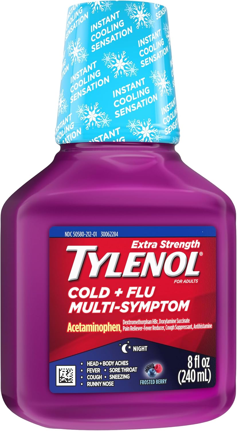 Tylenol Extra Strength Cold + Flu Multi-Symptom Night Liquid Cold Medicine, Acetaminophen Pain Reliever, Dextromethorphan HBr, Doxylamine Succinate, 8 fl oz - Image 8