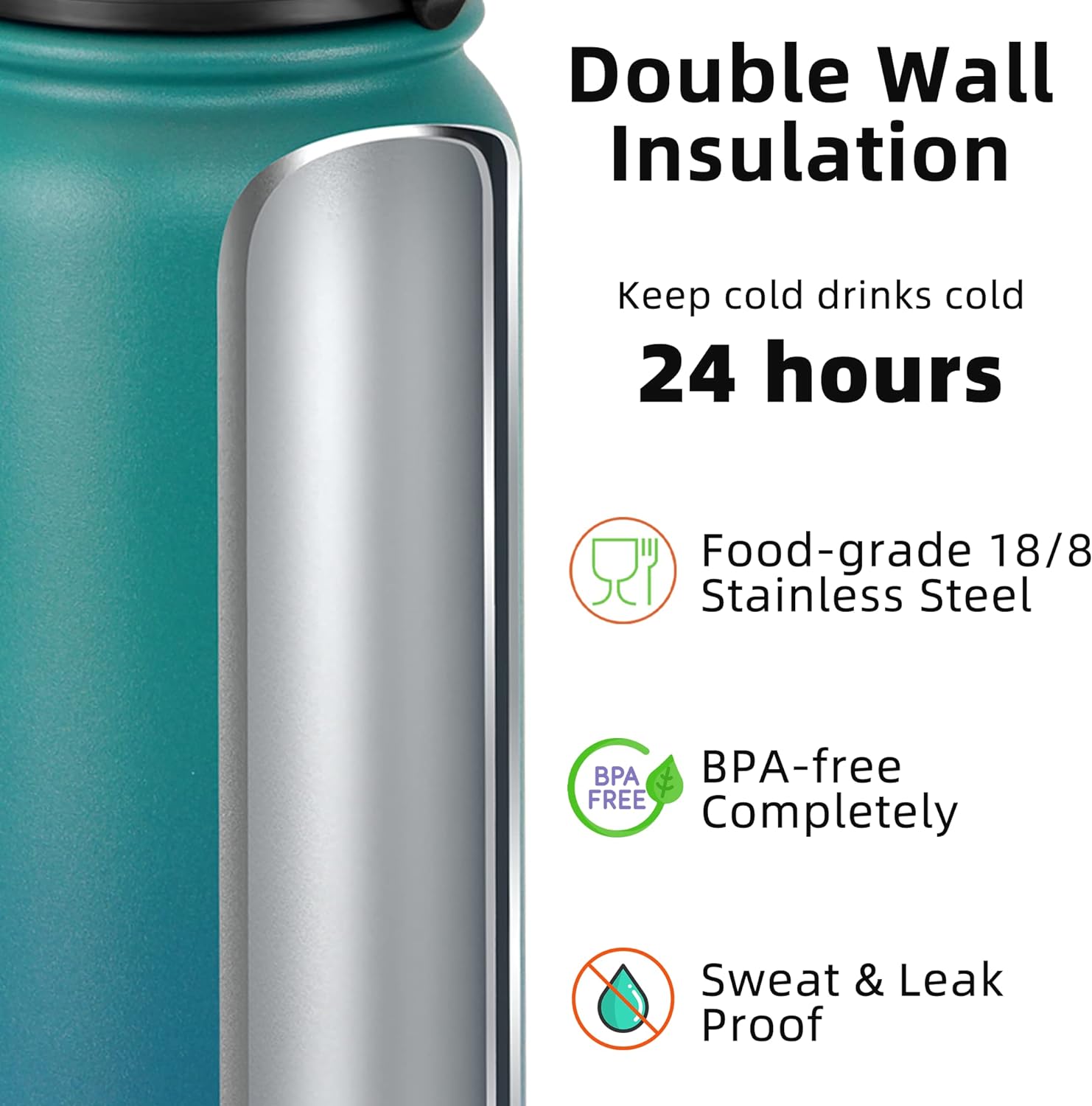 Fanhaw 20 oz Insulated Stainless Steel Water Bottle with Anti-Dust Chug Lid, Leakproof Vacuum Metal Everyday Use Bottle for Kids, Teens & Adults, Back to School Essentials (Green Blue) - Image 3