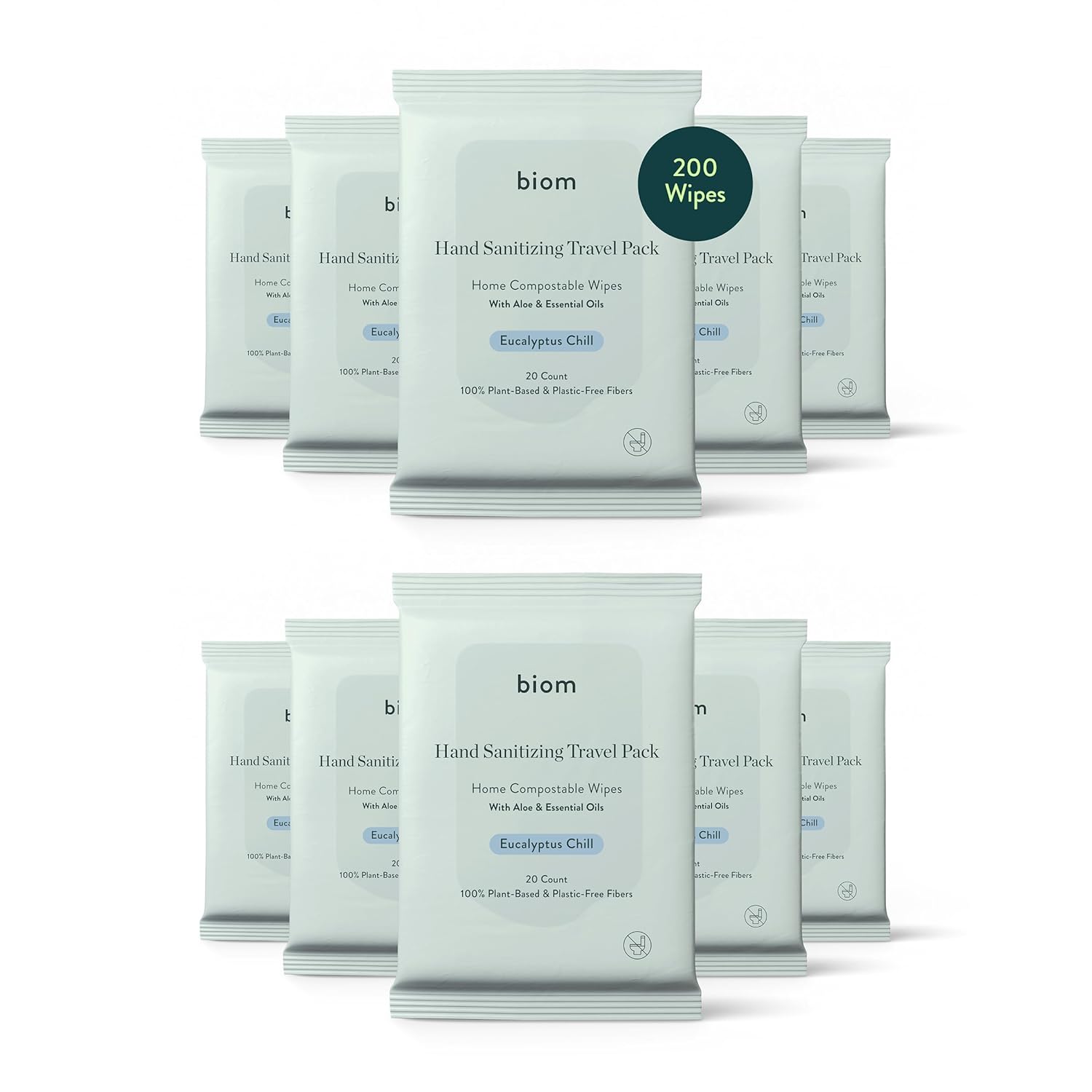 Biom Hand Sanitizing Wipes - Travel Size 10 pack(200 Wipes) 65% Ethanol Alcohol, Kills 99.9% of Germs, Removes Dirt & Grime, Made of Plant-Based & Plastic Free Fibers, Hypoallergenic -Eucalyptus Chill - Image 2