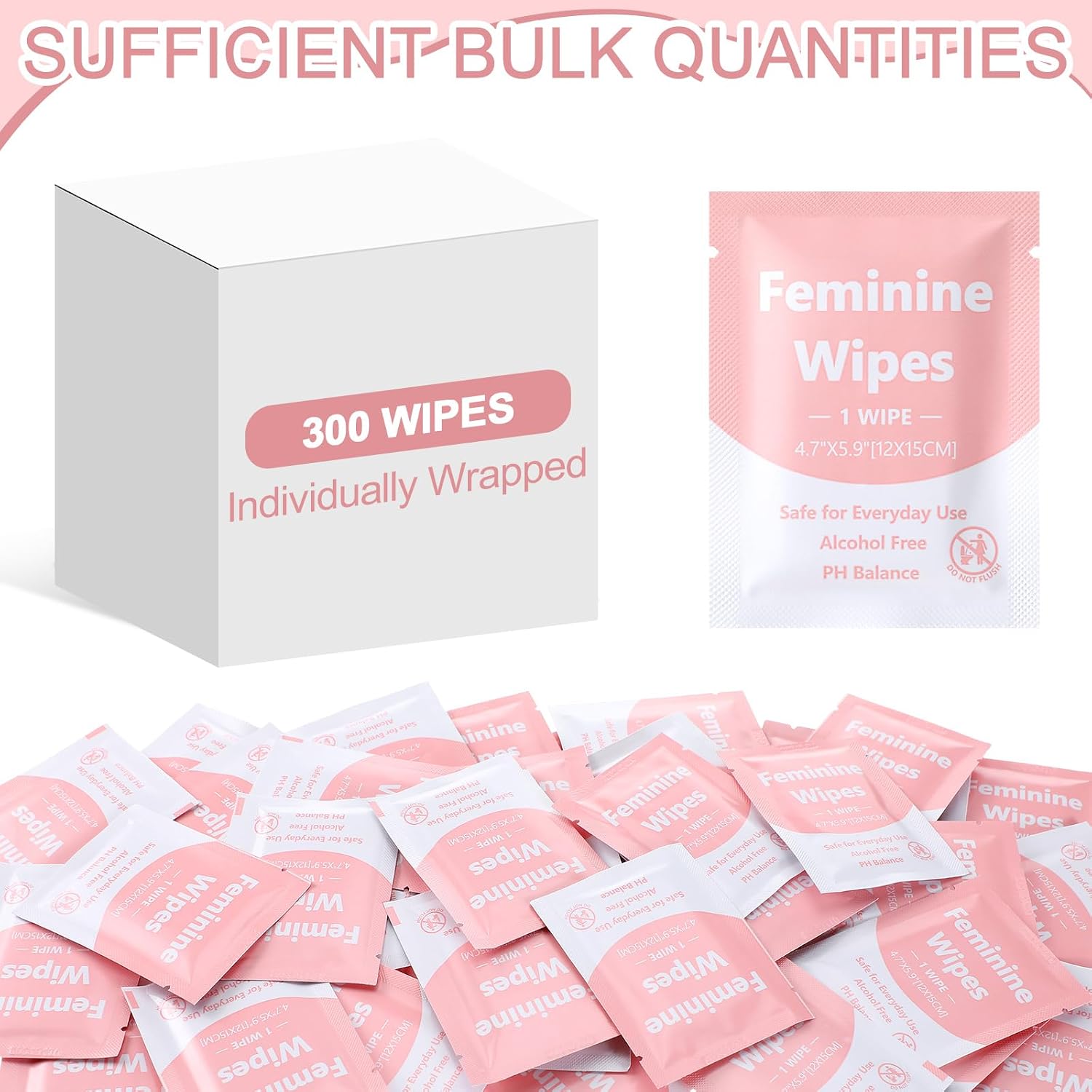 300 Pieces Bulk Feminine Wipes Individually Wrapped Travel Size Women Unscented Intimate Period Cleansing Wipes Deodorant Feminine Products Care Kits Private Parts Ph Balanced(Pink) - Image 5