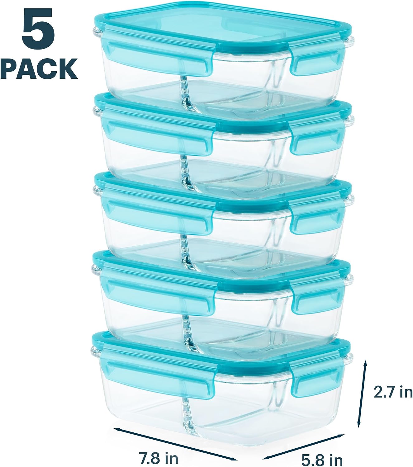 Pyrex Glass MealBox (5-Pack, 4 Cup) Divided Compartments with Locking Lids, For Meal Prepping and Portioning, BPA Free Microwave Dishwasher Safe - Image 5