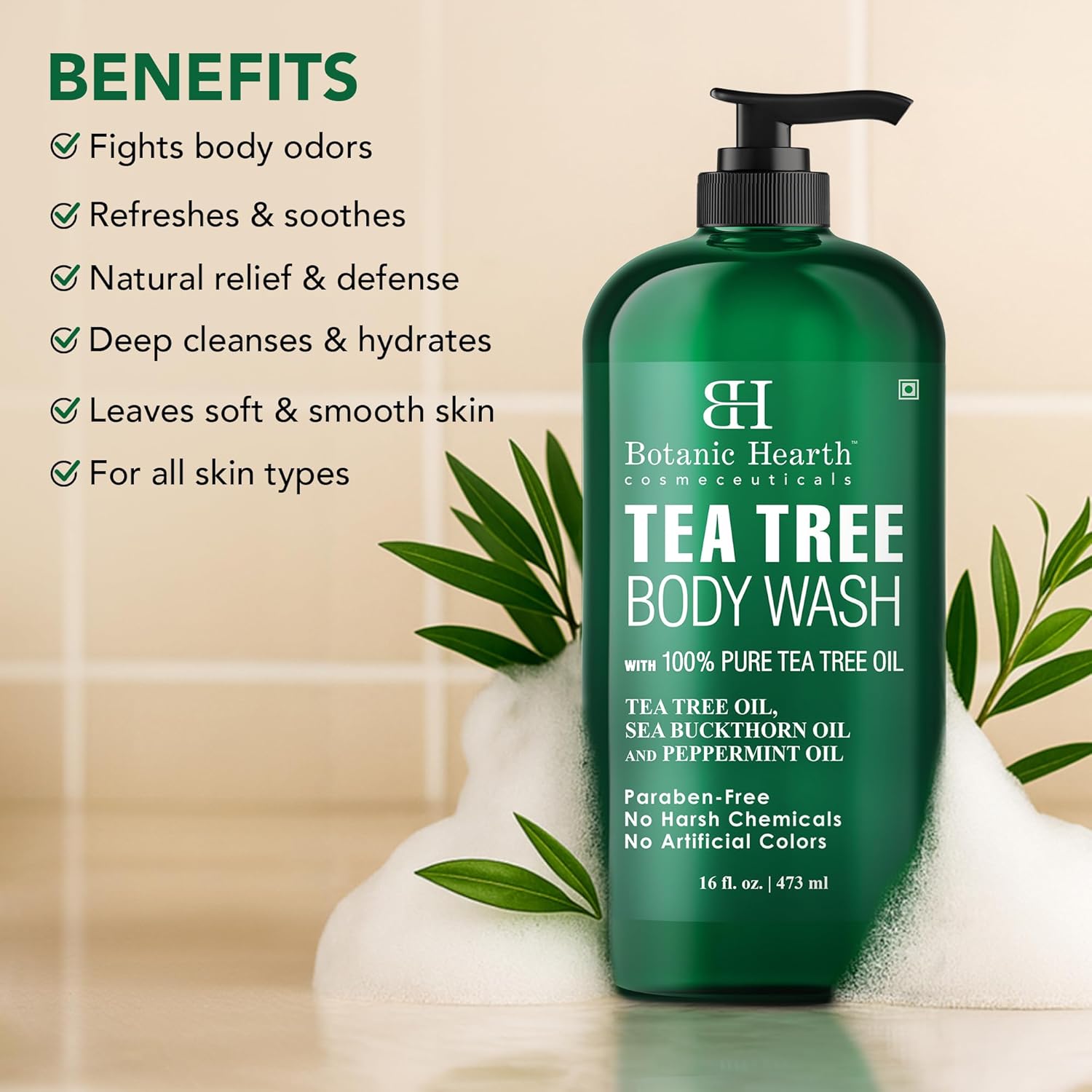 Botanic Hearth Tea Tree Body Wash -16 fl oz- All-Natural & Odor-Control Shower Gel for Acne, Athlete’s Foot, Ringworm, Jock Itch & Healthy Skin, Sulfate & Paraben Free, for Men & Women - Image 3
