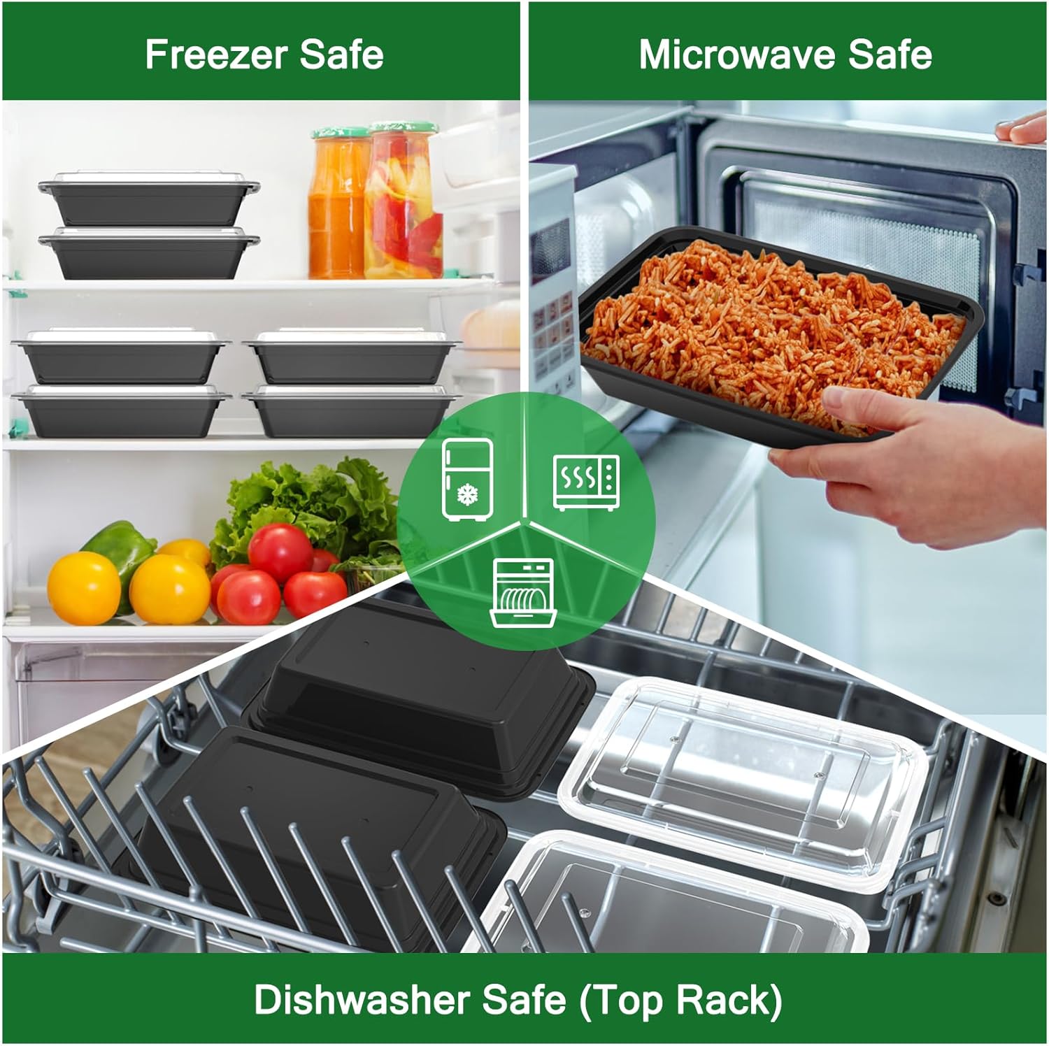 50 Pack (100-Piece) 32 oz Meal Prep Containers Reusable with Easy Open Lids, Sturdy Leakproof Food Safe, Microwave Freezer Dishwasher Safe, To Go Take Out Plastic Food Storage Pans with Lids, Black - Image 6