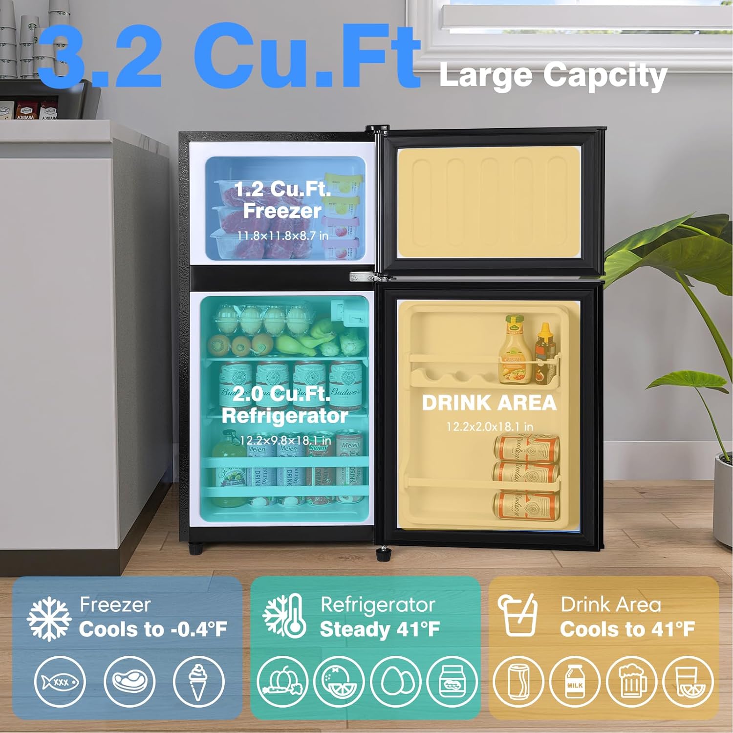 OSTBA Mini Fridge with Freezer - 3.2 Cu.ft 2-Door Upright Freezer, Compact Refrigerator with 2 Removable Shelves 7 Level Adjustable Thermostat, Removable Shelves for Bedroom Office Apartment, Silver - Image 3
