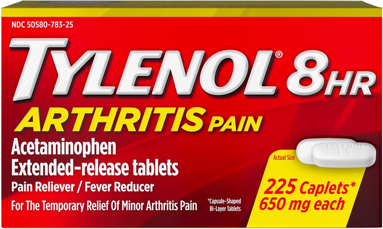 Tylenol 8 Hour Arthritis Pain Extended Fast, Strong Pain Relief Caplets, Acetaminophen 650 mg Each, Relieves Minor Arthritis and Joint Pain, Fever Reducer, Gentle on Stomach, 225 Count Value Size
