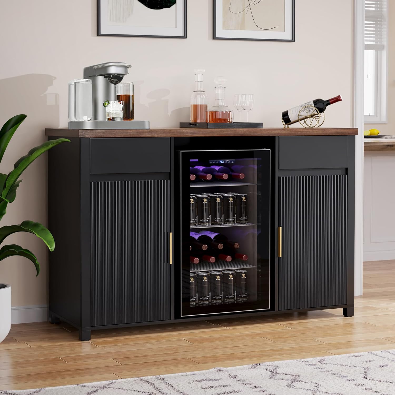 GDLF Large Coffee Bar Cabinet with Fridge Space, Mini Fridge Cabinet with Wine Storage, Buffet Sideboard Table for Home, Fluted Modern Design,53.2" L - Image 2