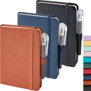 NIRMIRO 3 Pack Pocket Notebook Journals, Small Notepad Notebooks for Note Taking, A6 Mini Note pads with Pen Holder, 408 Lined Pages, 3.7″ x 5.7″, Black, Brown, Blue