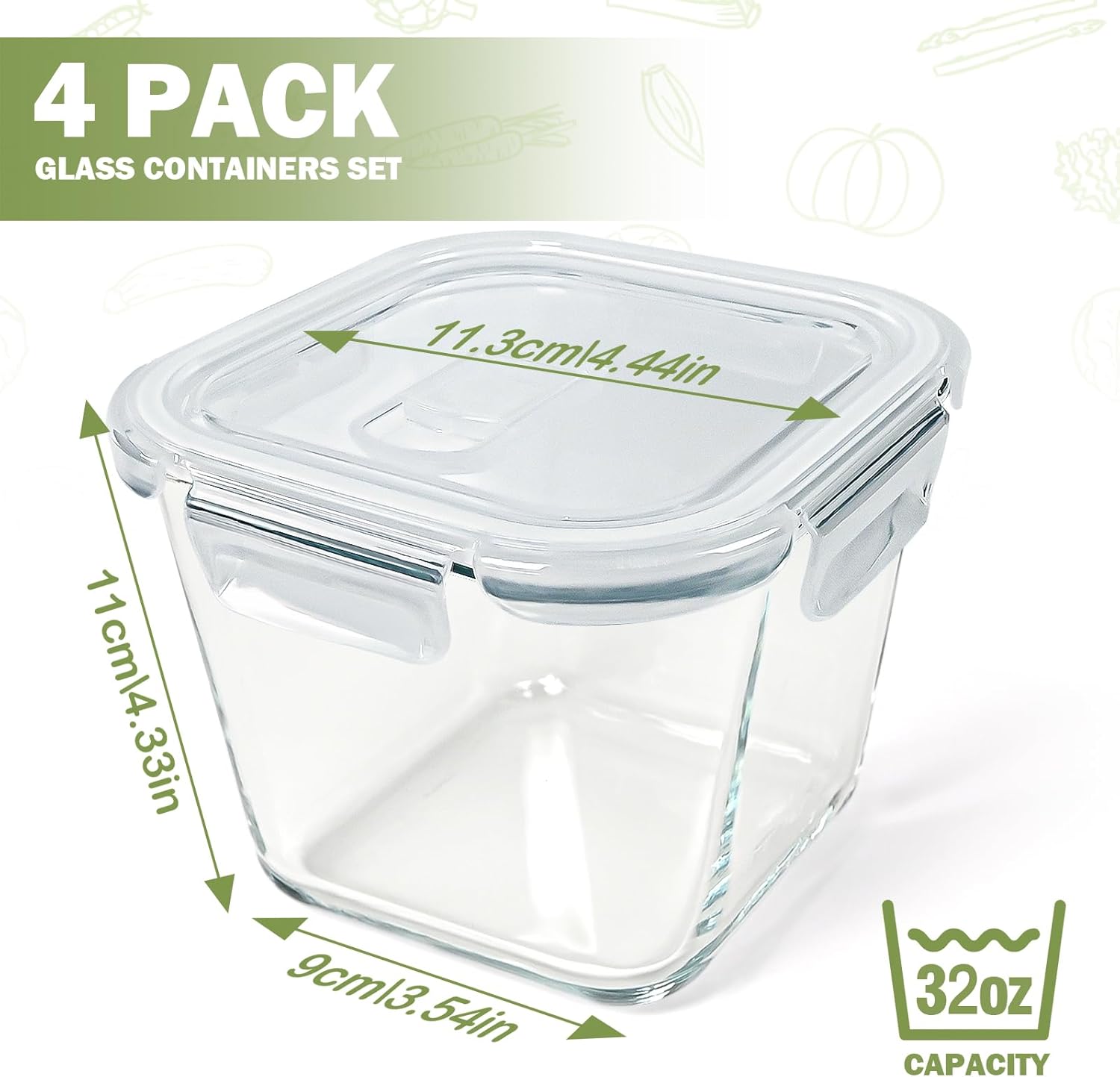 Glass Soup Containers with Lids 32 oz, 4 Cup Borosilicate Glass Food Storage Containers, Microwave & Freezer Safe Jars, Small Square Meal Prep Bowl for Salad, Fruit, Lunch, Ice Cream, Travel, 4 Pack - Image 3