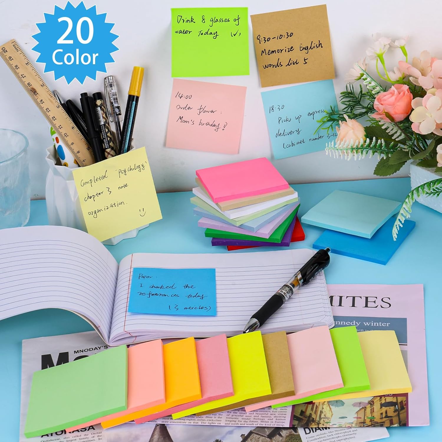 100 Pack Sticky Notes 3x3 Inch Colorful Self Stick Note Pads | 20 Colors, 50 Sheets Each, Self Stick Paper, Color Coding, Office Supplies, School, Home, Meetings, Reminders - Image 7