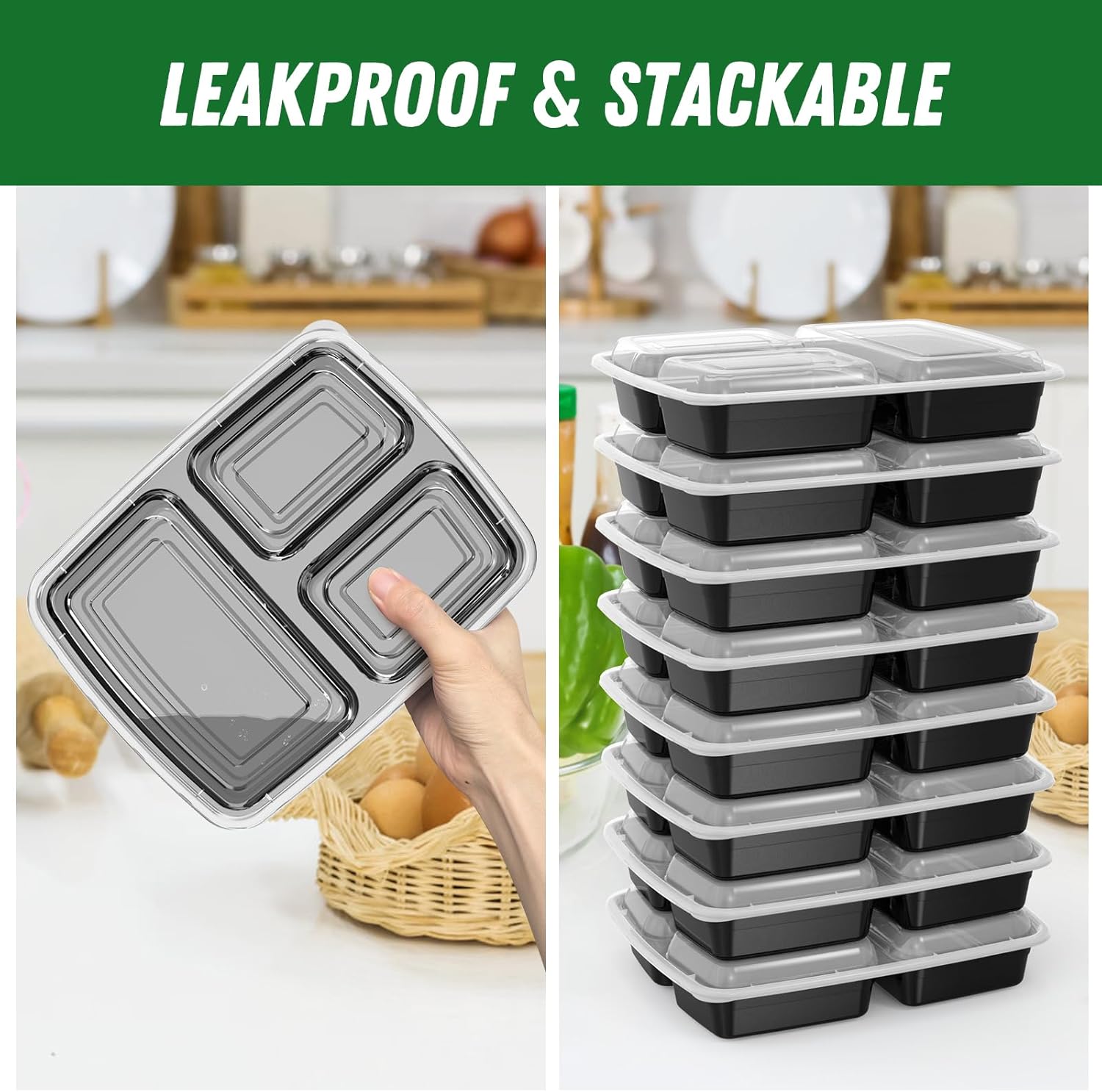 50 Pack (100-Piece) 32 oz Meal Prep Containers Reusable with Lids 3-Compartment, To Go Take Out Plastic Food Storage Containers, Sturdy Leakproof Food Safe, Microwave Freezer Dishwasher Safe, Black - Image 5