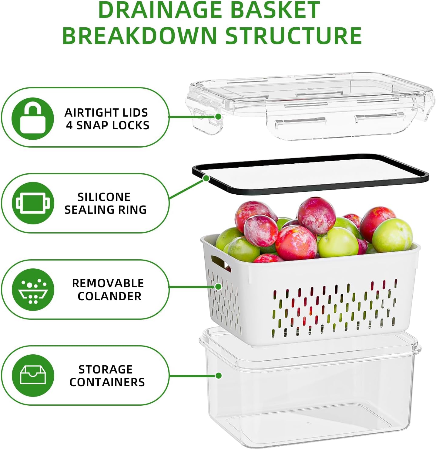 KEMETHY 5 Pack Fruit Storage Containers for Fridge with Removable Colanders - Food Storage Containers with Lids, BPA-Free Produce Containers Keep Fruits, Vegetables, Berry, Meat Fresh Longer - Image 5
