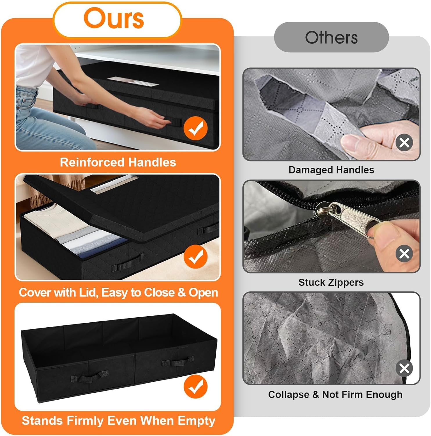 StoreHappily Under Bed Storage Containers with Lids - 2 Pack, Foldable and Stackable Clothes Storage Bags with Clear Window, 3-Sided Handles and Label Slot for Clothing, Blankets, Pillows (Black) - Image 4