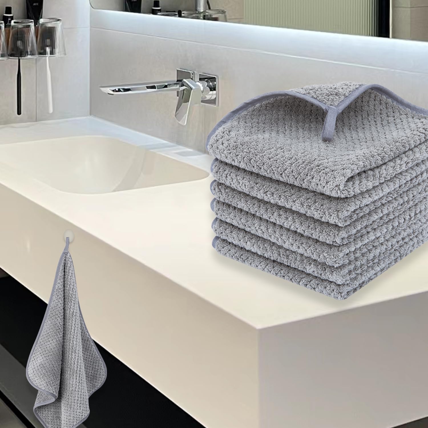 MaopaoBeauty Washcloth Set for Bathroom - Quick Drying - Ultra Soft Microfiber Absorbent Towel for Bath Fitness, Gym, Shower, Hotel, and Spa - 13x13 Inch | Set of 6, Grey - Image 7