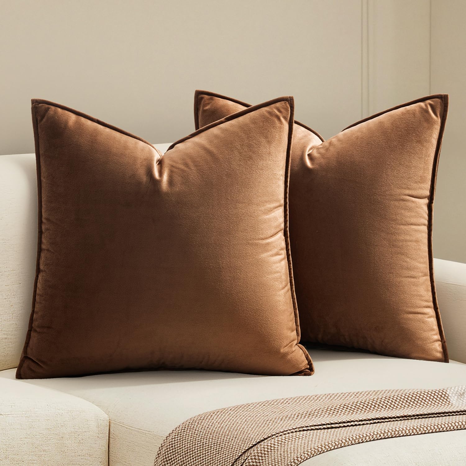 MIULEE Brown Velvet Throw Pillow Covers 20x20 Soft Decorative Solid Square Cushion Cases Pack of 2 Modern Luxury Home Decor for Couch, Sofa, Bedroom - Image 2