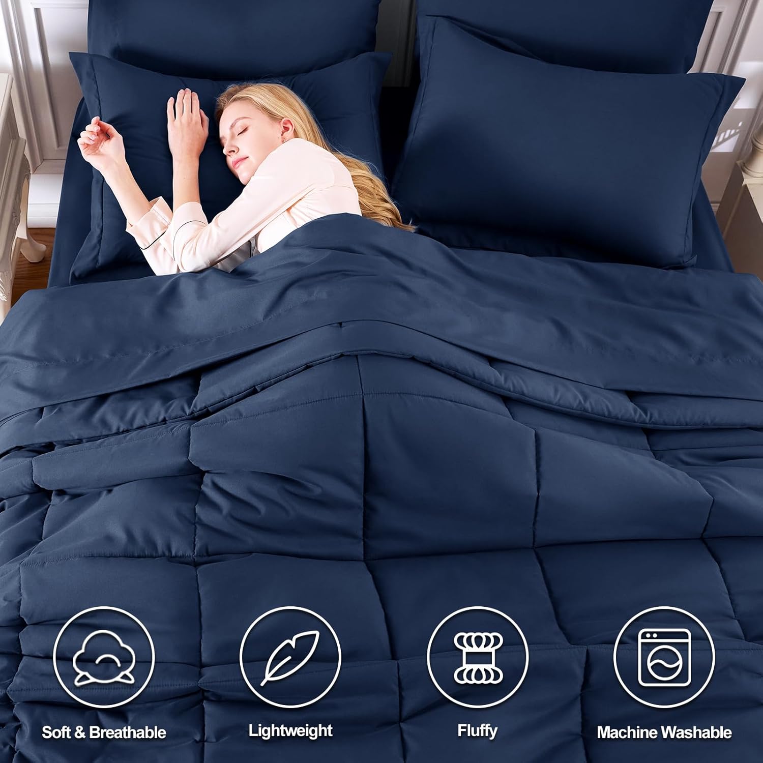 CozyLux Queen Comforter Set Navy Blue - 7 Pieces Bed in a Bag Queen, Oeko-Tex Certified Bedding Set, All Season Soft Bed Set with Down Alternative Comforter, Sheets, Pillowcases & Shams - Image 3