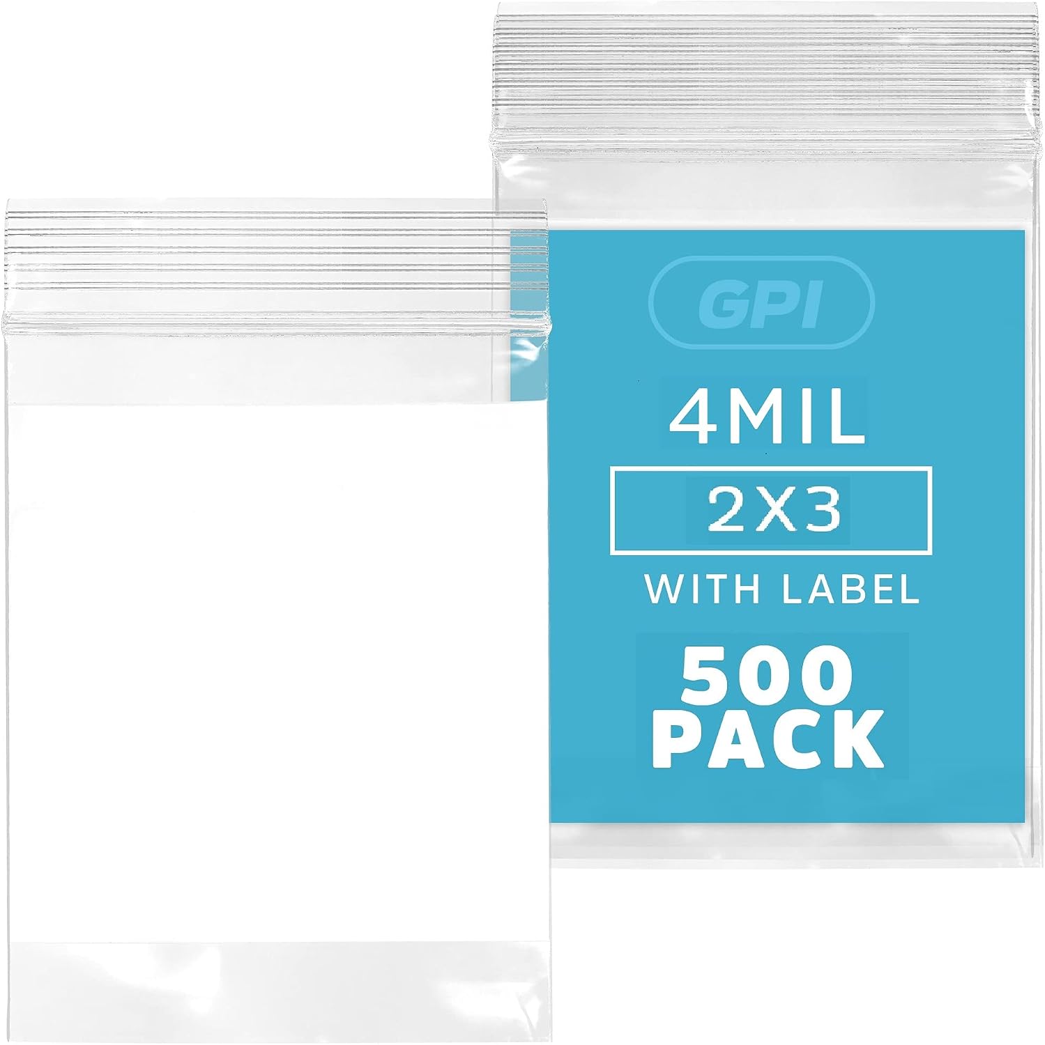 GPI - 2" x 3" - Bulk Pack of 500, 4 Mil Thick, Heavy Duty, Clear Plastic Reclosable Zip Bags, With Write-on White Block for Labeling, Strong & Durable Poly Baggies With Resealable Zipper Top Lock. - Image 2
