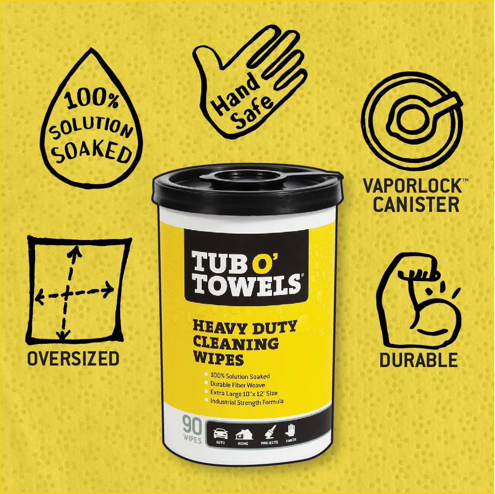Tub O' Towels Heavy-Duty Multi-Surface Cleaning Wipes – Extra-Large 10" x 12", 90-Count Canister – Removes Grease, Tar, Ink & Tough Stains – Safe for Home, Auto, Garage & More - Image 2