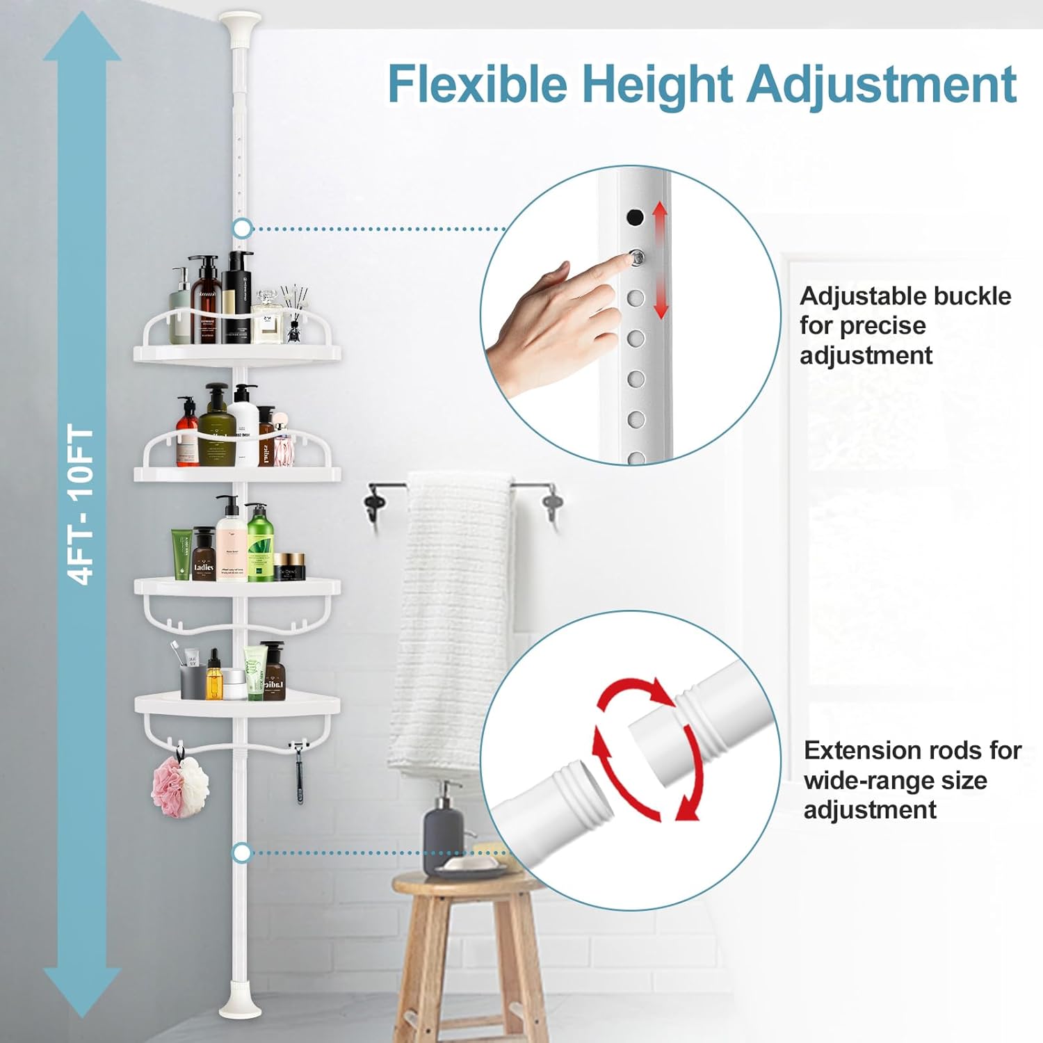 Corner Shower Caddy Tension Pole, Rustproof Bathtub Storage Organizer with 4 Adjustable Shelves, Bathroom Shower Rack Shampoo Holders for Inside Shower, 40"-120" Floor to Ceiling Shower Caddy White - Image 7
