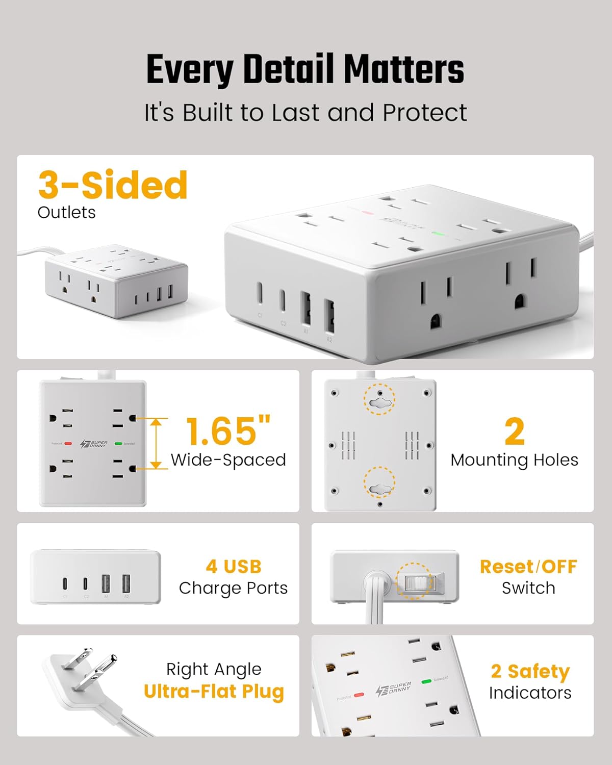 10Ft Extension Cord with Multiple Outlets, Flat Plug Surge Protector Power Strip 10 Ft Long Cord, 8 Outlets & 4 USB Ports (2 USB C), Desk Charging Station for Home Office, College Dorm Room Essentials - Image 8