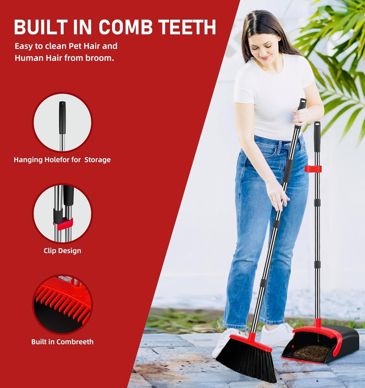 2-Pack is More economical,Brooms with Dustpan Combo Set, with 52" Long Handle, Dustpan Teeth with self-Cleaning Function, Indoor and Outdoor Sweeping, Perfect for Home Office (Large/Red /2-Pack) - Image 2